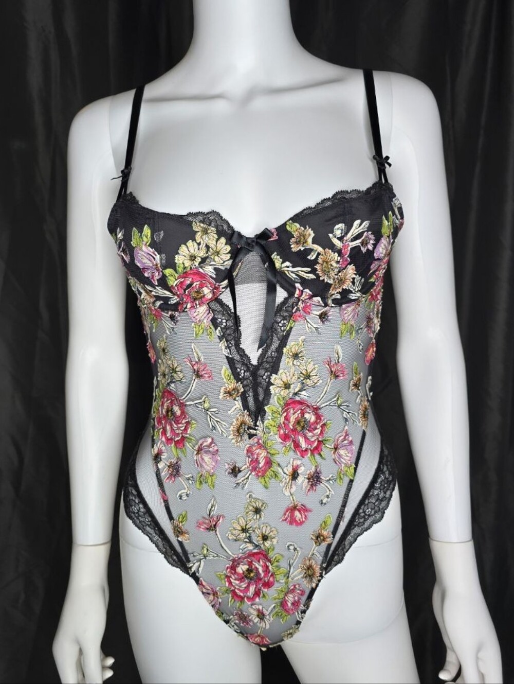 Victoria's Secret Black Mesh Floral Embroidered Bodysuit